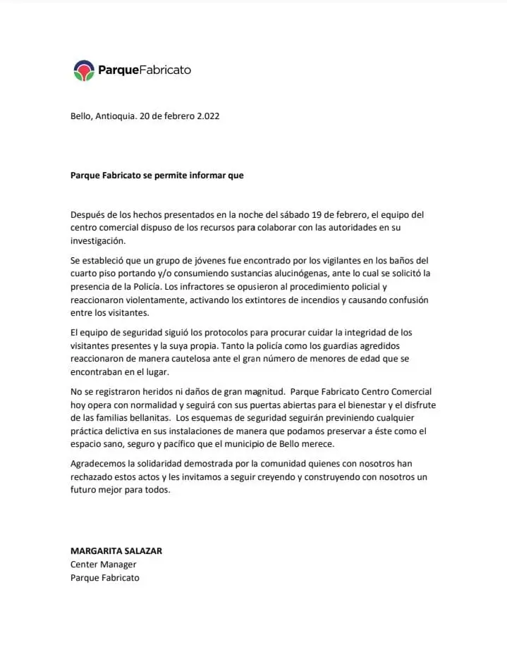 Comunicado Parque Fabricato