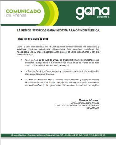 Comunicada sobre robo de 13 puntos Gana.