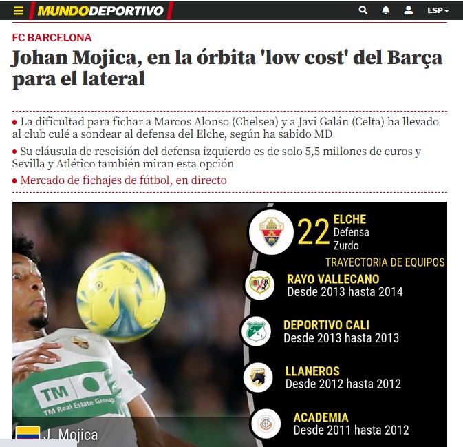 Esta es la nota con la que Mundo Deportivo se refiere al posible futuro de Johan Mojica.