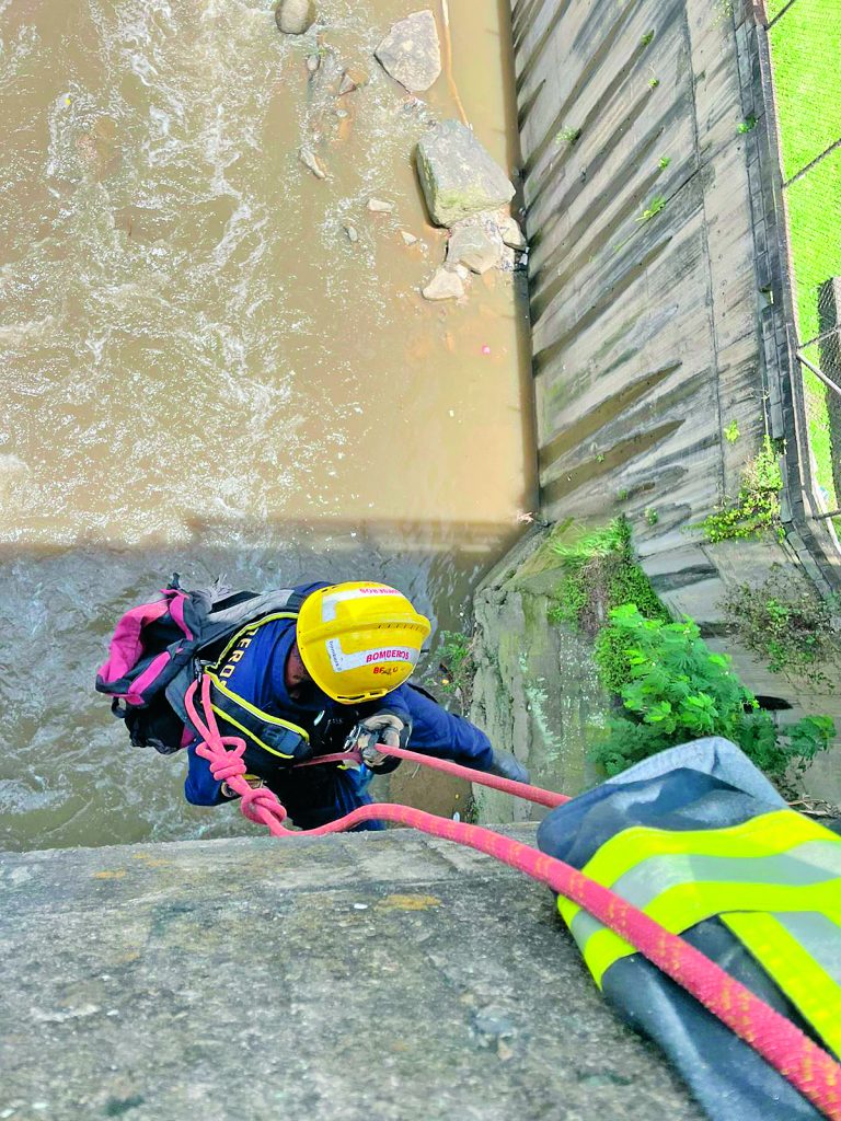 Rescate de bomberos Bello de un perro lanzado al río.
