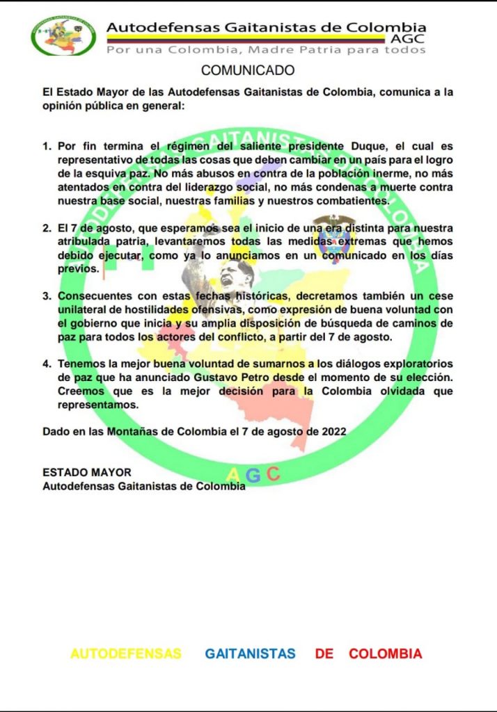 Comunicado Clan del Golfo, cese unilateral del plan pistola