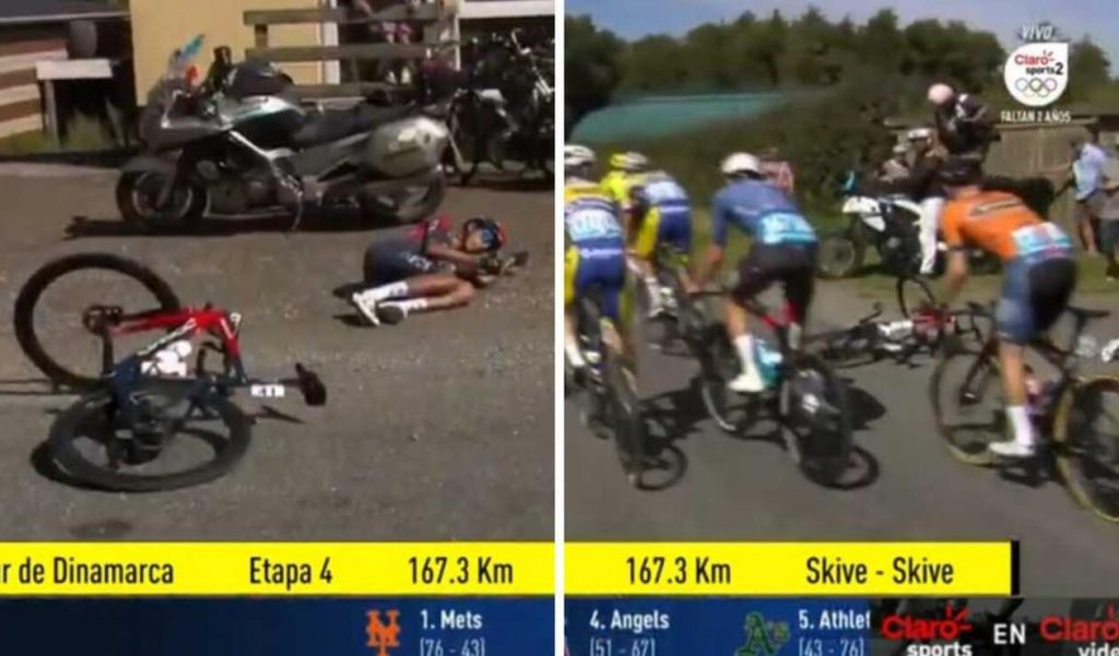 Este fue el momento de la caída de Egan Bernal en el Tour de Dinamarca. / FOTO: CAPTURA DE VIDEO.