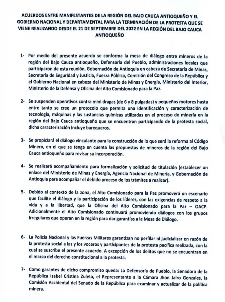 Acuerdos manifestantes Bajo Cauca