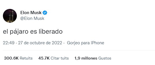 Primera publicación de Elon Musk tras anuncio de compra de la red social. /FOTO: TWITTER. 
