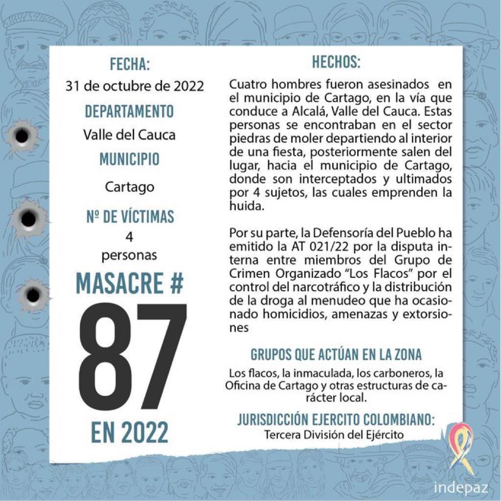 Comunicado de Indepaz por masacre en Cartago. /FOTO: INDEPAZ. 