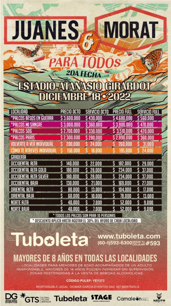 Estos son los precios oficiales para ver a Juanes y Morat. /FOTO: CORTESÍA