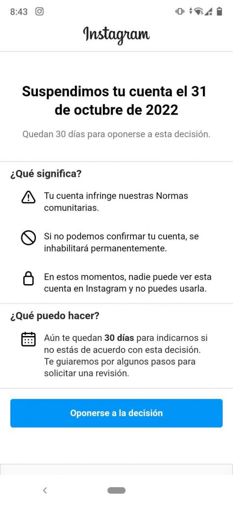 Notificación de Instagram sobre suspensión de cuenta. /FOTO: CORTESÍA. 