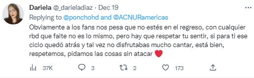 Comentarios de los fans en la publicación. /FOTO: CAPTURA PANTALLA TWITTER. 