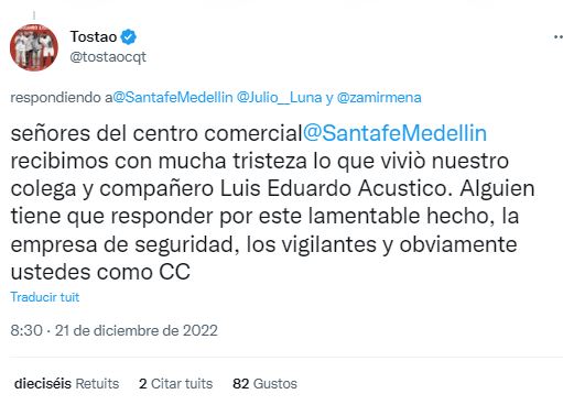 Rechazo del cantante 'Tostato'. /FOTO: CAPTURA PANTALLA TWITTER. 