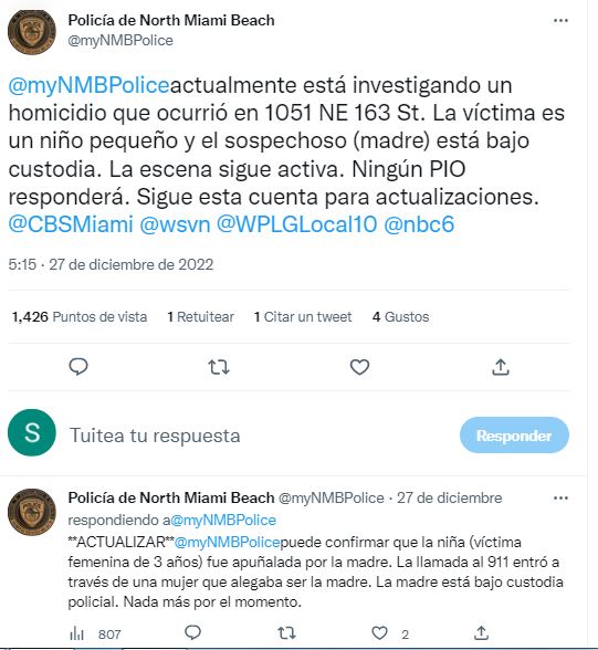 Reporte policial sobre caso de homicidio en Estados Unidos. /FOTO: CAPTURA PANTALLA TWITTER. 