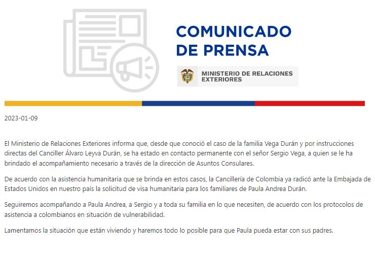 Comunicado de la Cancillería. /FOTO: CANCILLERÍA. 