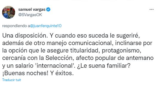 Samuel Vargas le vuelve a responder a Quintero. /FOTO: CAPTURA PANTALLA. 