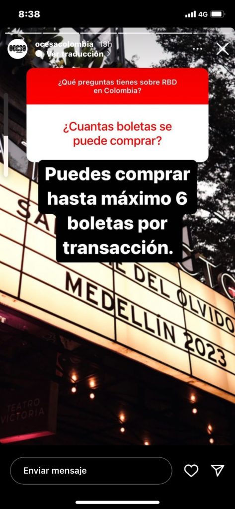 Así respondió Ocesa sobre la cantidad de boletas que se pueden comprar para el concierto de RBD. /FOTO: CAPTURA DE PANTALLA. 