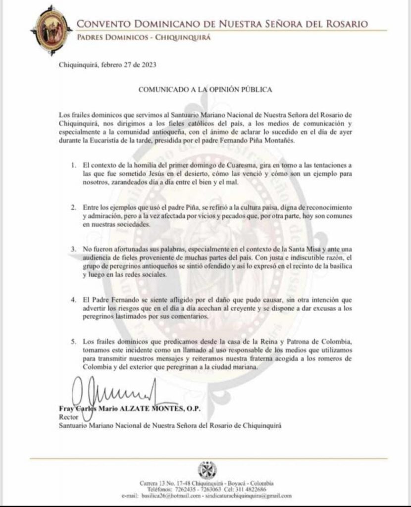 Comunicado de los frailes del Santuario Mariano Nacional de Nuestra. /FOTO: SANTUARIO MARIANO. 