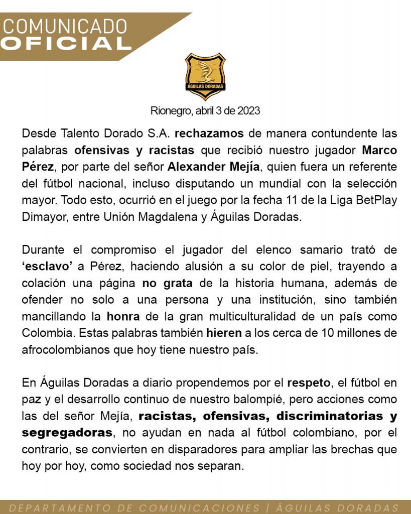 Comunicado de Águilas Doradas sobre altercado entre uno de sus jugadores Marco Pérez y Alexander Mejía del Unión Magdalena. /FOTO: ÁGUILAS DORADAS. 