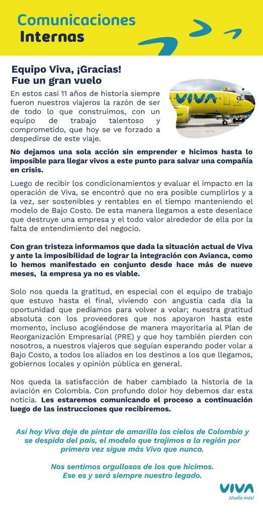 Comunicado de fin de operaciones de Viva Air