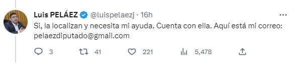 Comentario de Luis Peláez en Twitter. /FOTO: CAPTURA DE PANTALLA. 