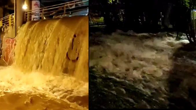 La inundación en La Aguacatala comenzó a eso de las 11:40 de la noche e interrumpió totalmente el tránsito por la zona.