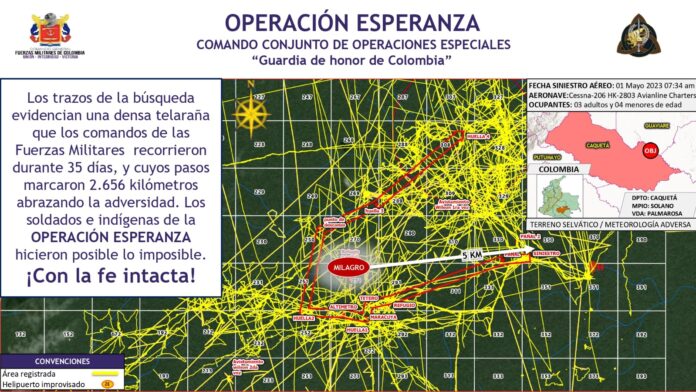 Mapa de desplazamiento operación esperanza para hallar a los niños indígenas del Guaviare