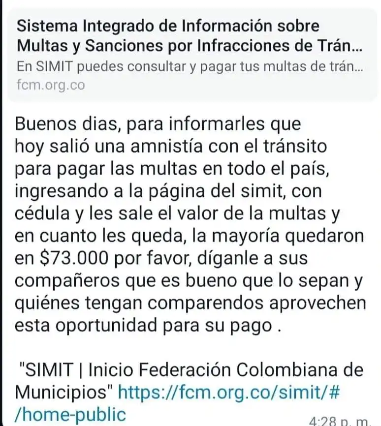 Este era uno de los mensajes de la supuesta amnistía de la Secretaría de Movilidad de Medellín. 