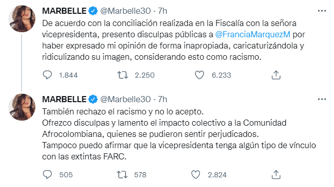 Marbelle, disculpa, Twitter,, Francia Márquez