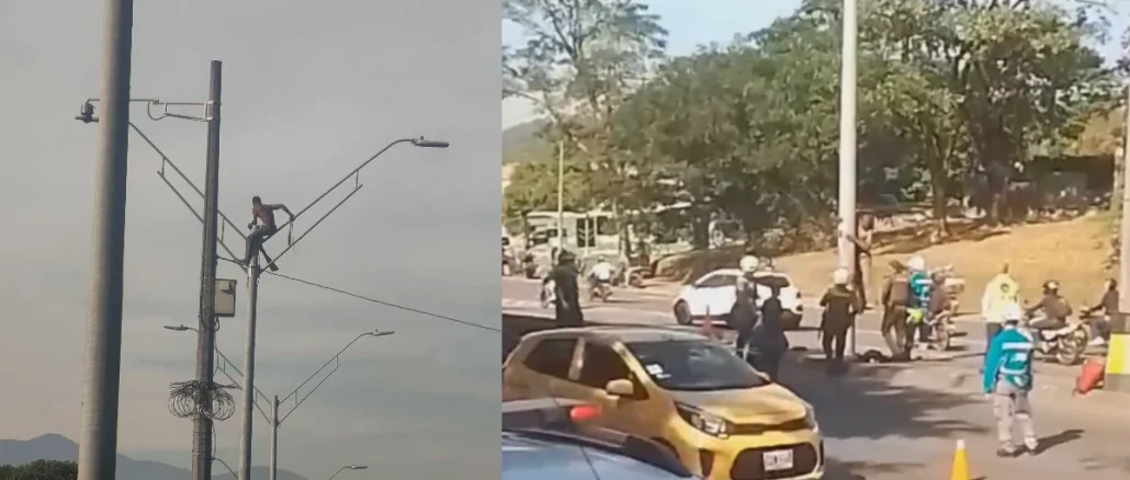 El hombre permaneció en lo alto del poste cerca a la Terminal del Norte por poco más de media hora.