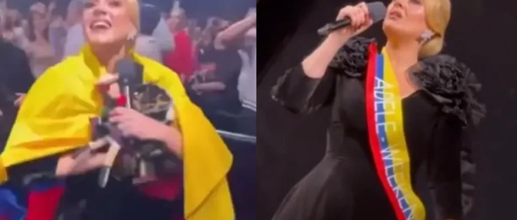 Adele, bandera, cinta, Colombia, show, concierto, regalo, latinos, Las Vegas, gesto, video, viral, Q’Hubo entretenimiento, Q’Hubo de hoy